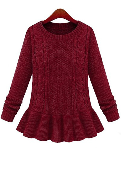 Ladylike Round Neck Cable Sweaters With Frill - Wine Red