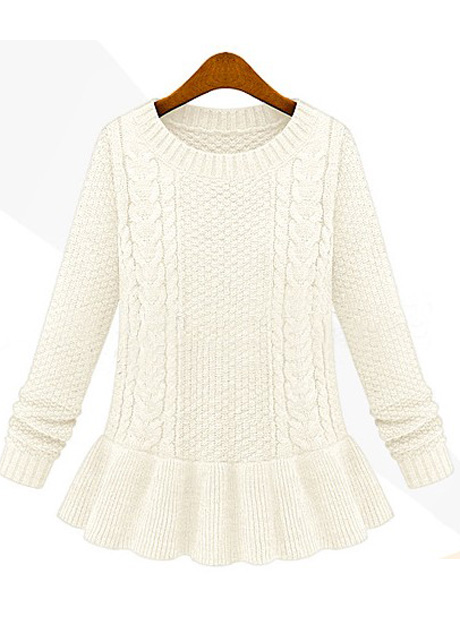 Ladylike Round Neck Cable Sweaters With Frill - White