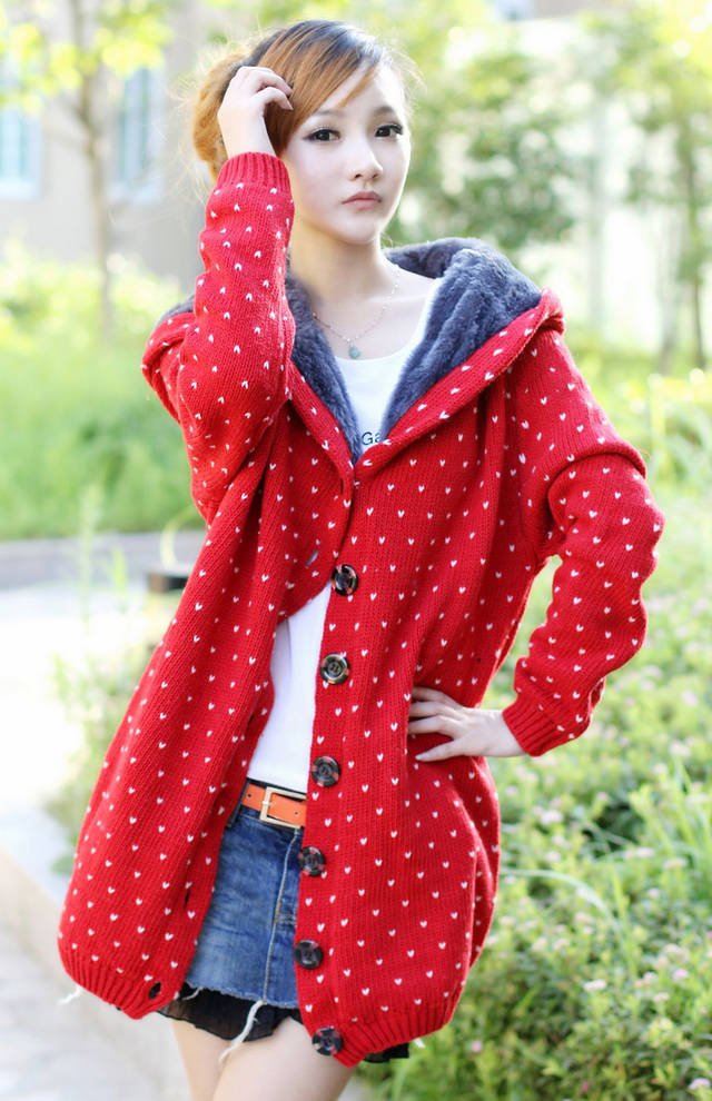 Bestselling Polka-dot Knitting Wool Hooded Cardigans - Red