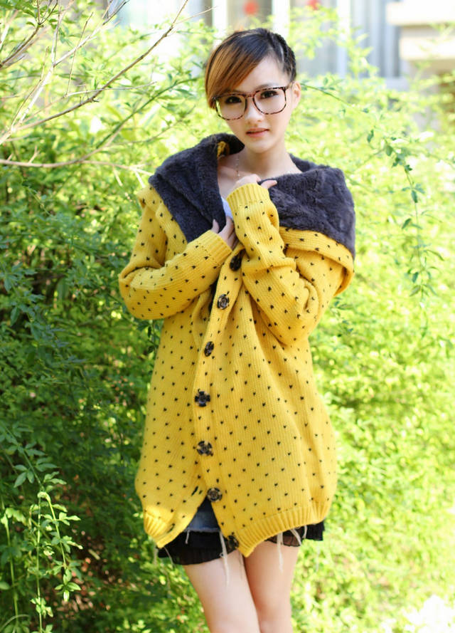 Bestselling Polka-dot Knitting Wool Hooded Cardigans - Yellow