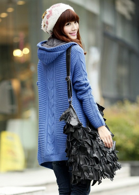 Thickened Hooded Collar Button Closure Knitting Cardigans - Blue