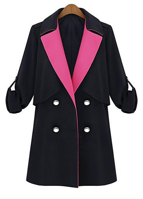 Two Tone Design Belt Decoration Double Breasted Trench Coat
