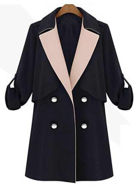 Elegant Turndown Collar Double Breasted Black Trench Coat