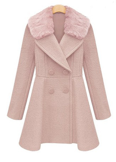 Stylish Double Breasted Trench Coat With Fur Collar - Pink