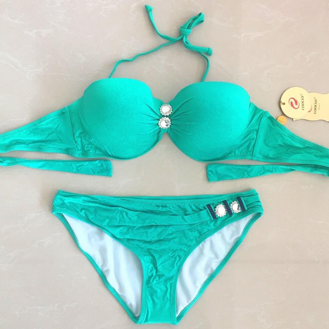 Solid Button Pattern Swimsuit Bikini - Green