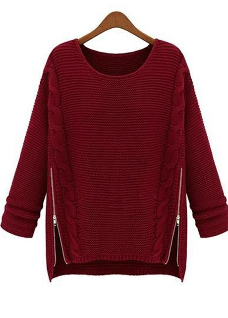 Prevnext Star Style Round Neck Zip Decoration Sweater - Wine Red