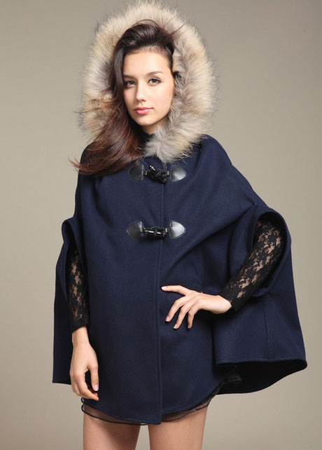 Woman Fur Hat Design Cape Coat - Navy Blue