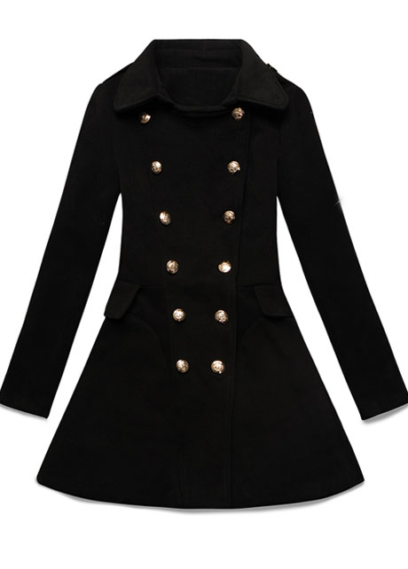 Charming Double Breasted Puff Sleeve Black Coat