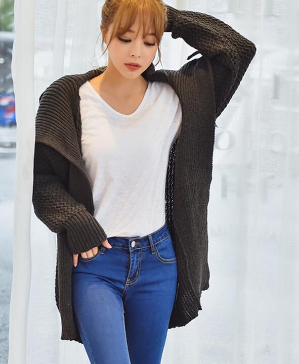 Woman Long Sleeve Long Cardigan Sweater - Dark Grey