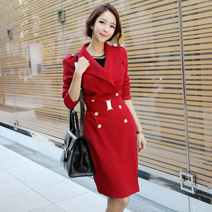 High Quality Long Style Coat With Belt - Red