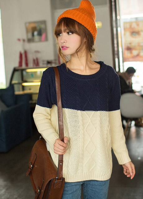 Loose Color Blocking Sweater Pullover - Beige&navy Blue
