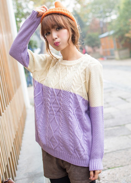 Loose Color Blocking Sweater Pullover - Beige&purple