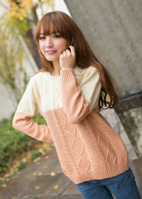 Loose Color Blocking Sweater Pullover - Beige&pink
