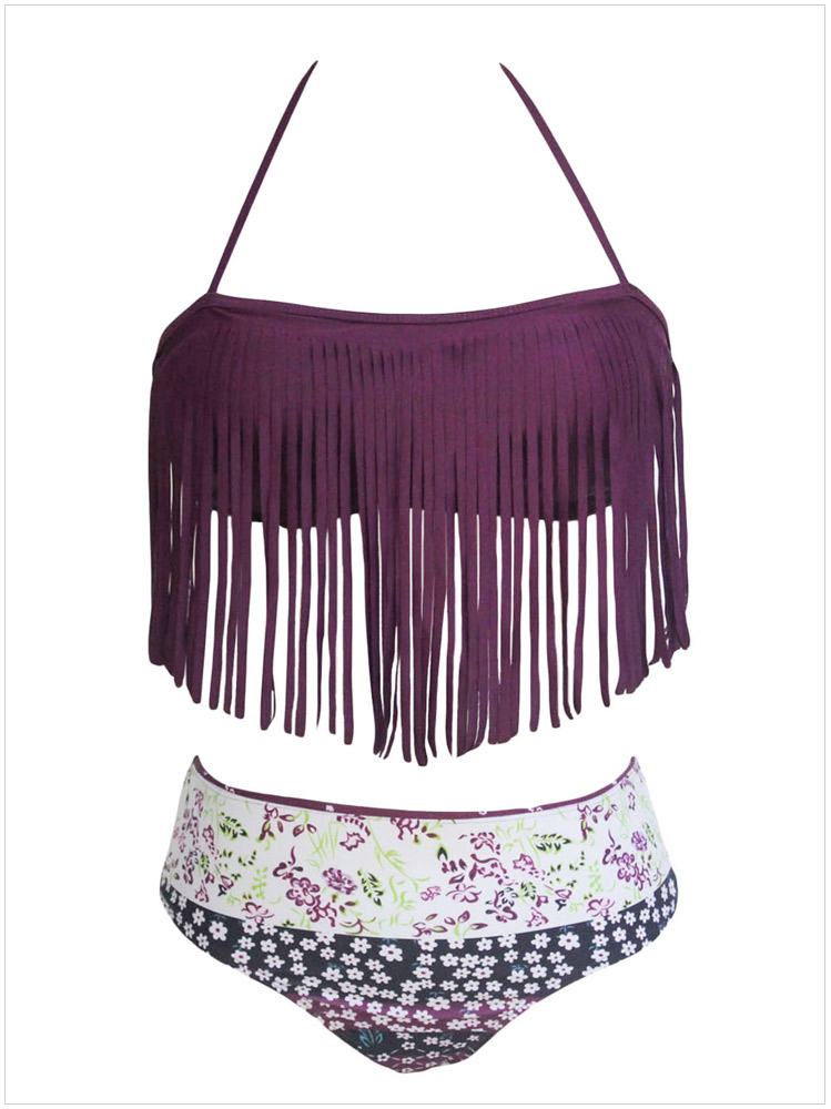 Tassel Embellished Halter Neck Printed Swimwear Bikini - Purple