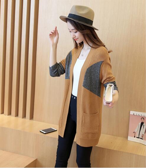 Simple Design Long Sleeve Long Cardigan Sweater - Khaki