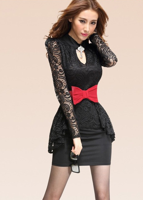 Two Piece Design Keyhole Neckline Puff Sleeve Lace High Waist Dress - Black