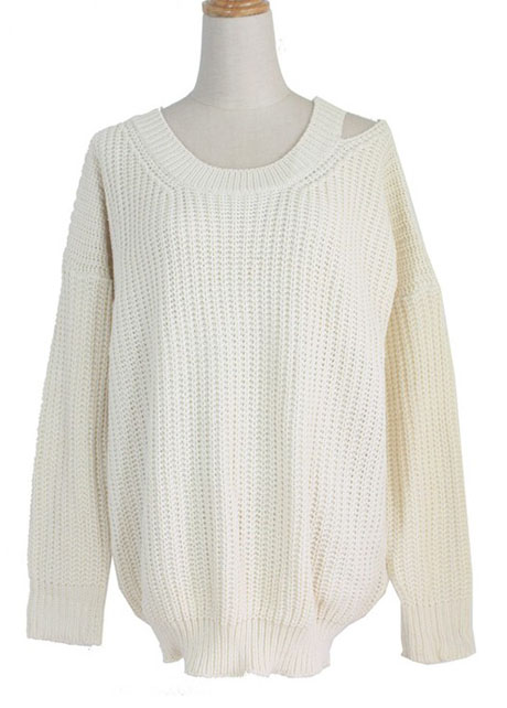 Casual Round Neck Cutout Design Pullover Sweater - Beige