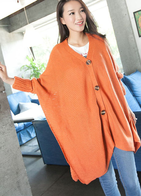 Loose Button Fly Long Sleeve Knitting Wool Sweater Coat - Orange