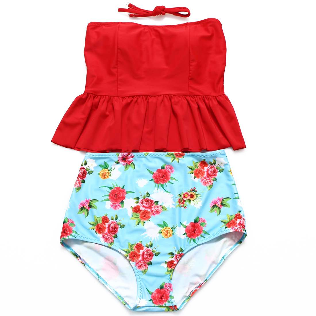 New Style Printed High Waist Bikini Set - Red&Blue