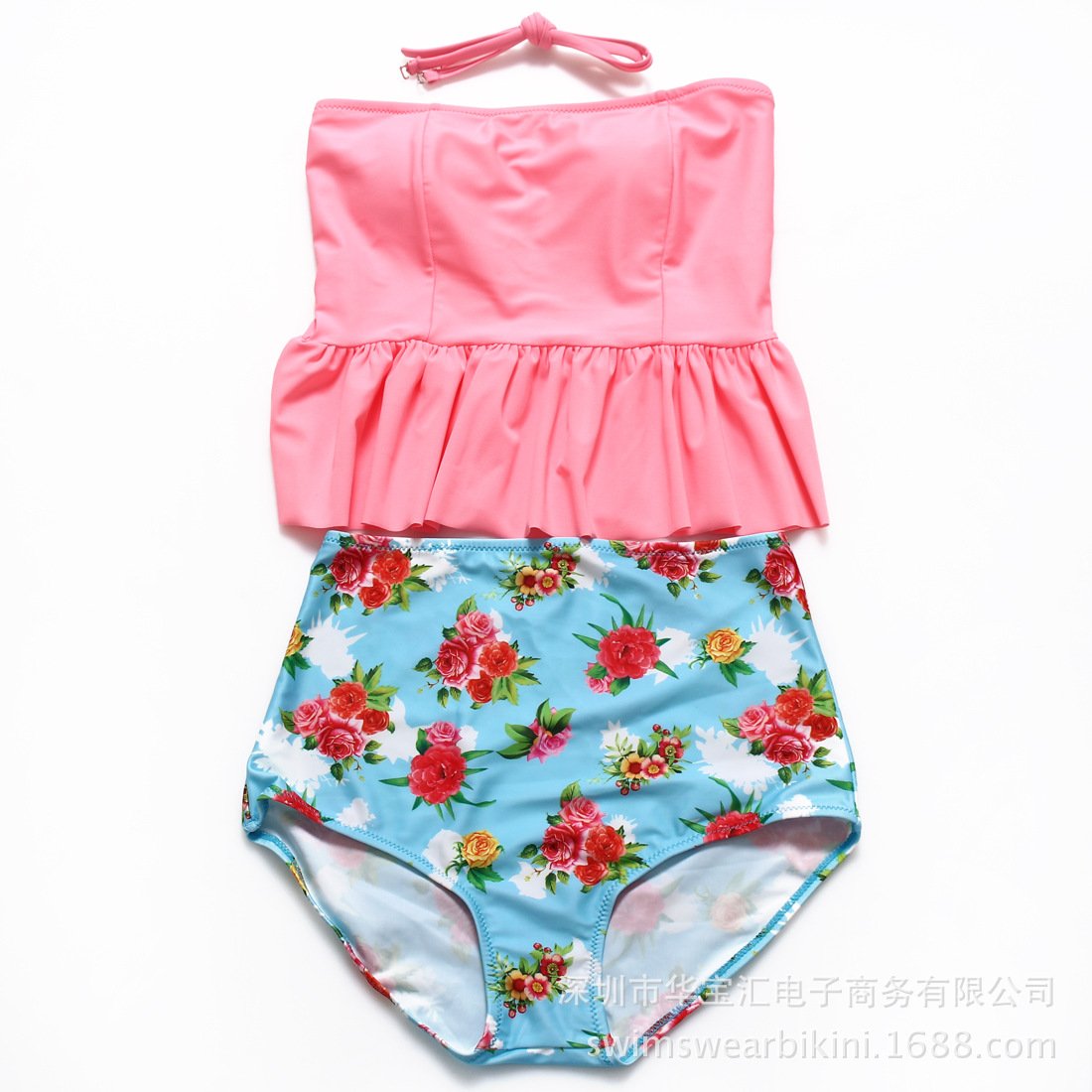 New Style Printed High Waist Bikini Set - Pink & Blue