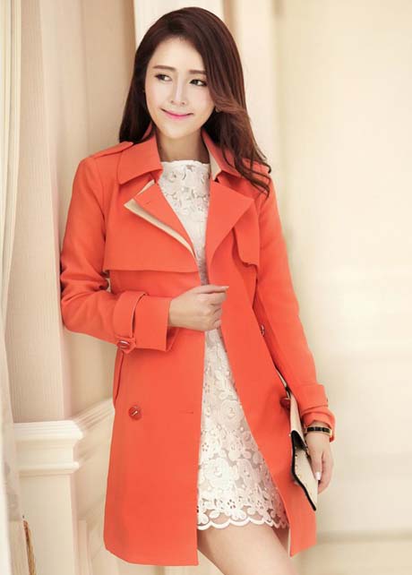 Lady Style Turndown Collar Trench Coats With Belt - Orange