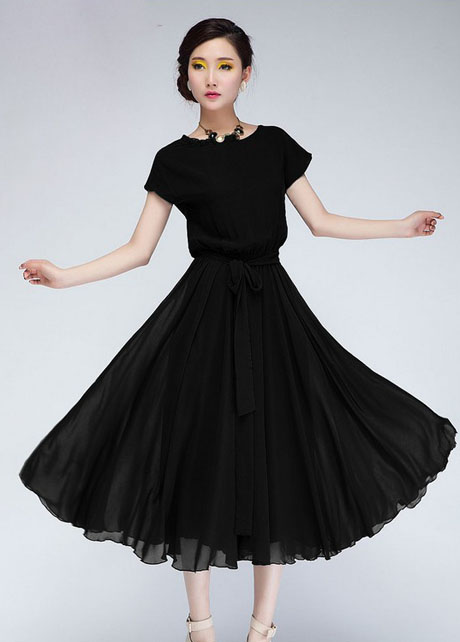 Chic Cap Sleeve Empire Waist Chiffon Pleated Dress - Black