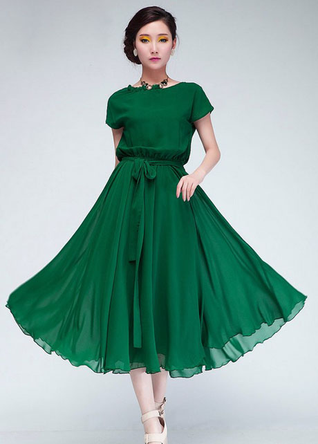 Chic Cap Sleeve Empire Waist Chiffon Pleated Dress - Green