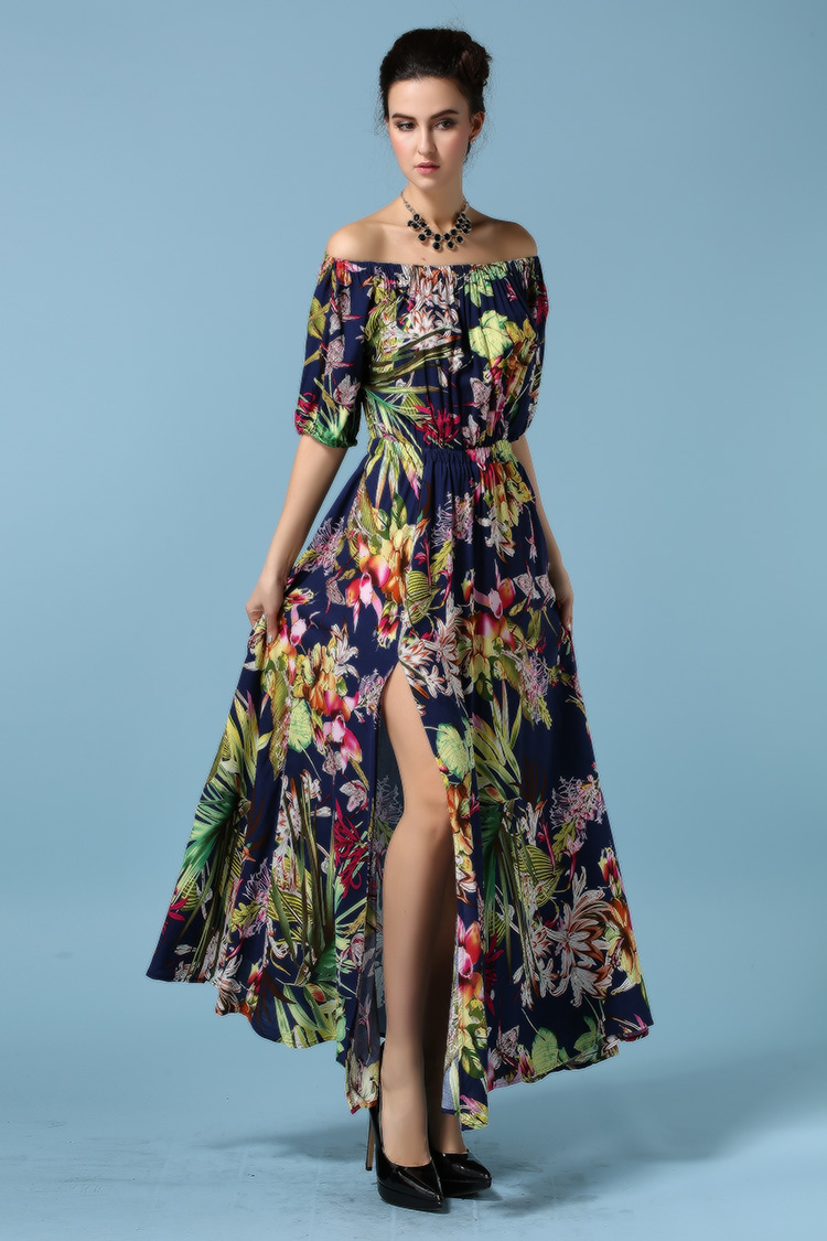 Spring And Summer Printing Off Shoulder Chiffon Maxi Long Dress