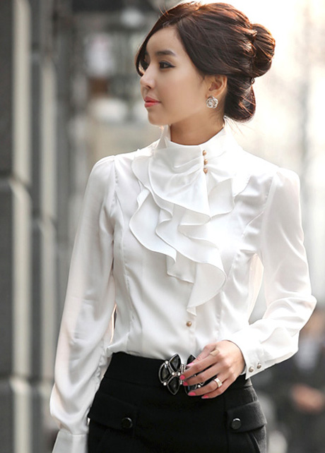 Laconic Mandarin Collar Puff Sleeve Ruffled Rayon Shirt - White