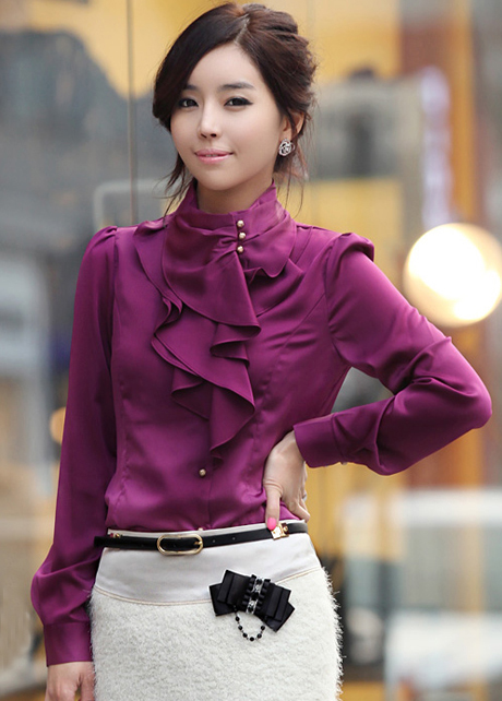 Laconic Mandarin Collar Puff Sleeve Ruffled Rayon Shirt - Purple