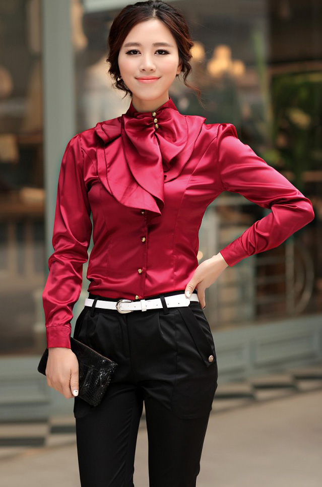 Laconic Mandarin Collar Puff Sleeve Ruffled Rayon Shirt - Wine Red