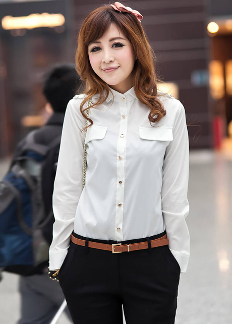 Solid Long Sleeve Blouse For Woman - White