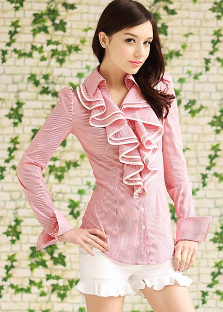 Ladylike Striped Turndown Collar Shirts With Frill- Pink