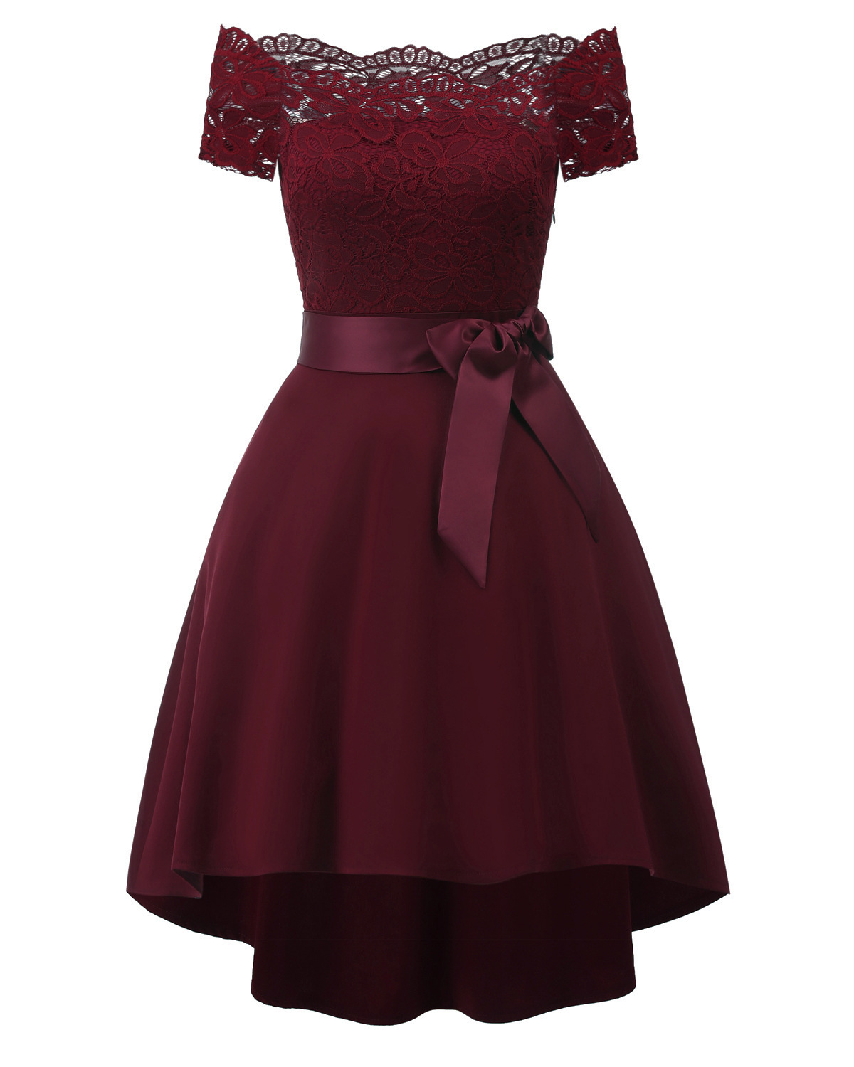 Incredible High Low Hem Lace Off Shoulder Dress - Wine Red