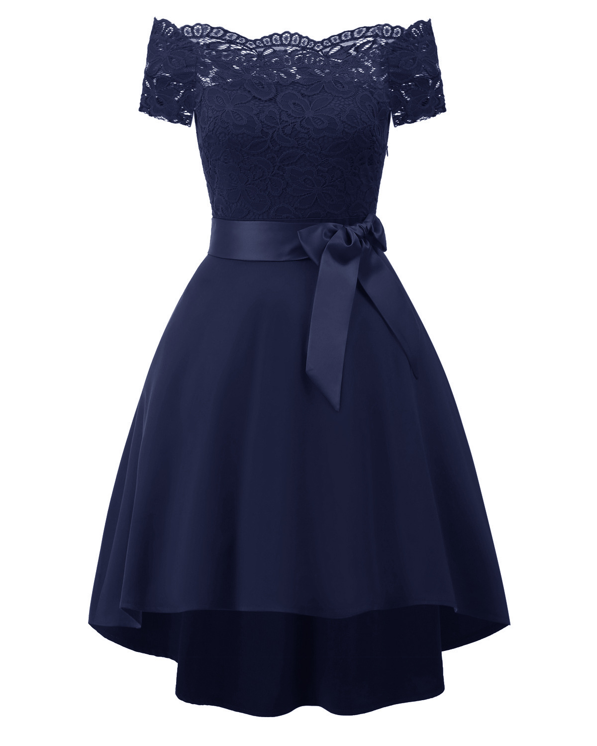 Incredible High Low Hem Lace Off Shoulder Dress - Dark Blue