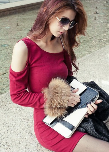 Casual Cutout Shoulder Sheath Dress With Long Sleeve - Red