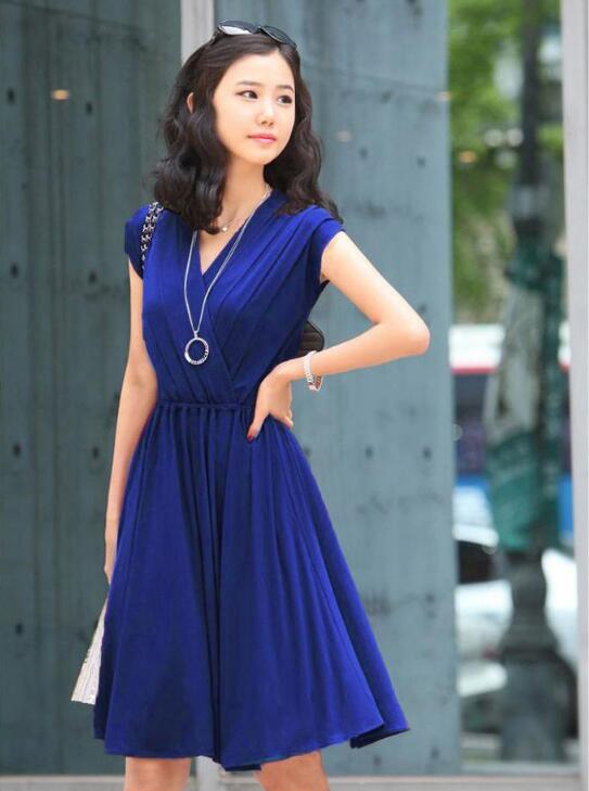 Charming V Neck Cap Sleeve Cotton Wrap Dress - Blue