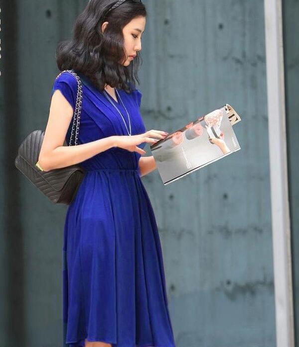 Charming V Neck Cap Sleeve Cotton Wrap Dress - Blue on Luulla