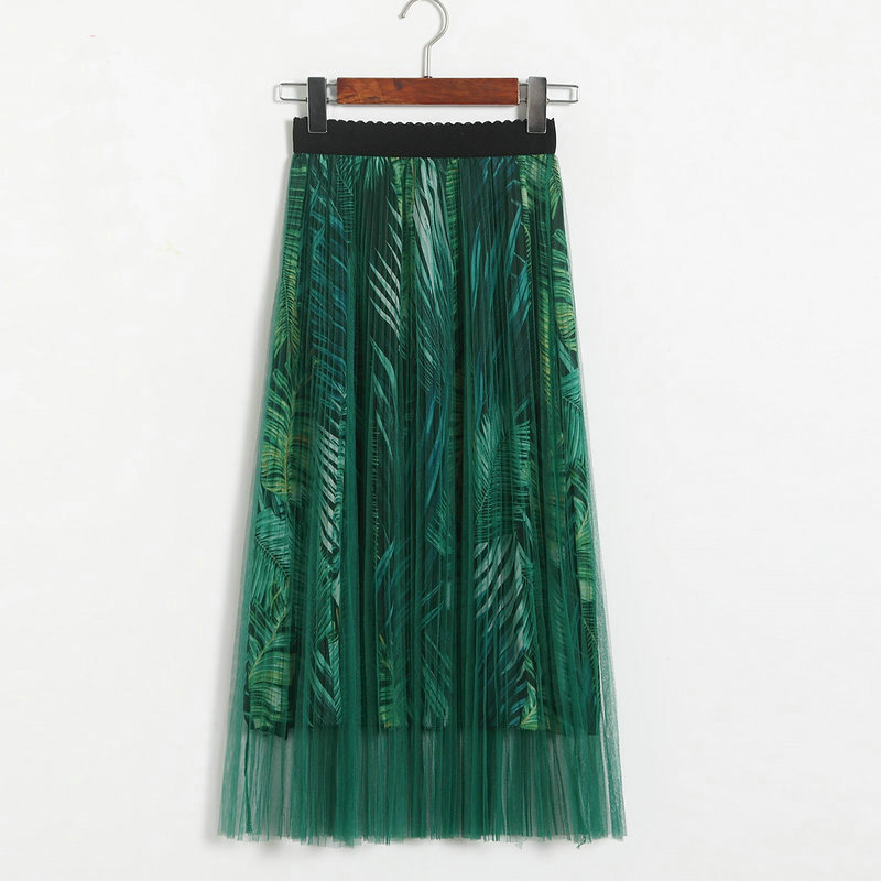 New High Waisted Pleated Printed Long Skirt - Green