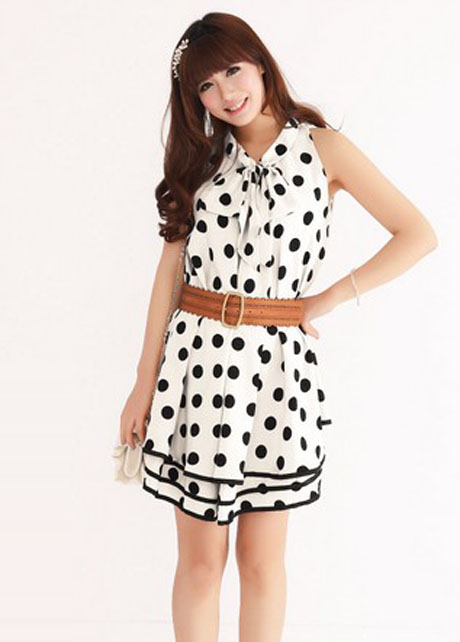 Lovely Sleeveless Polka Dots Print Layered A Line Dress - Pure White