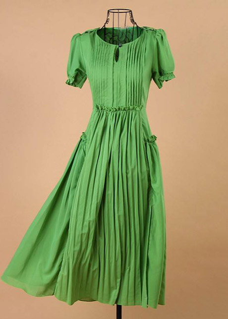 Summer Unicolor Pleated Short Sleeve Green Long Dress
