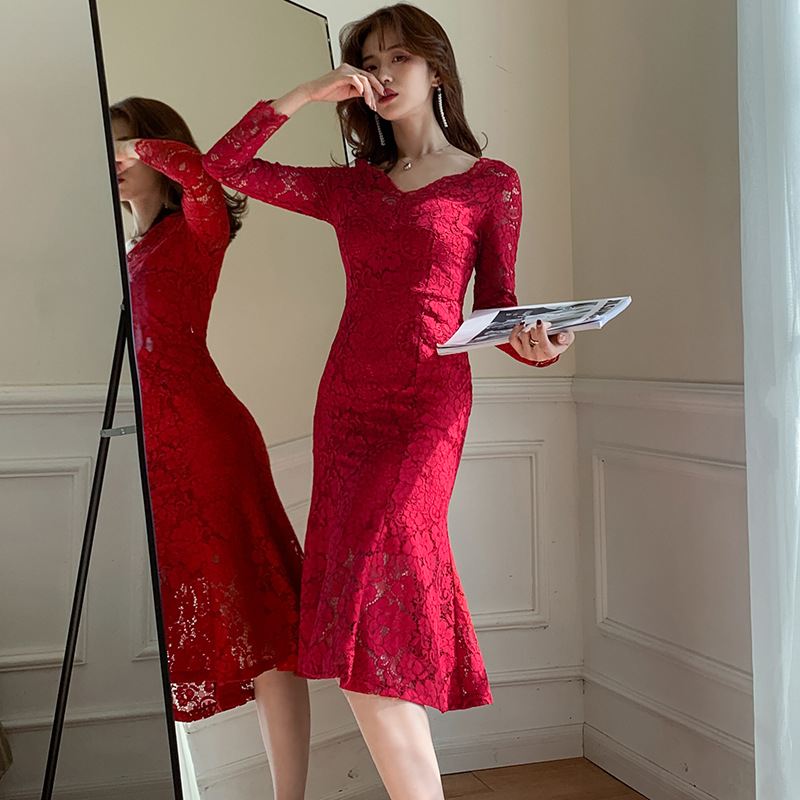 Elegant Lace Long Sleeve Red Color Dress