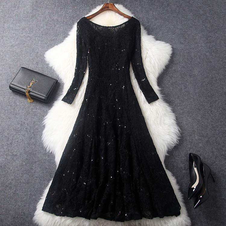 Designer Sequined Embroidered Lace Dress - Black