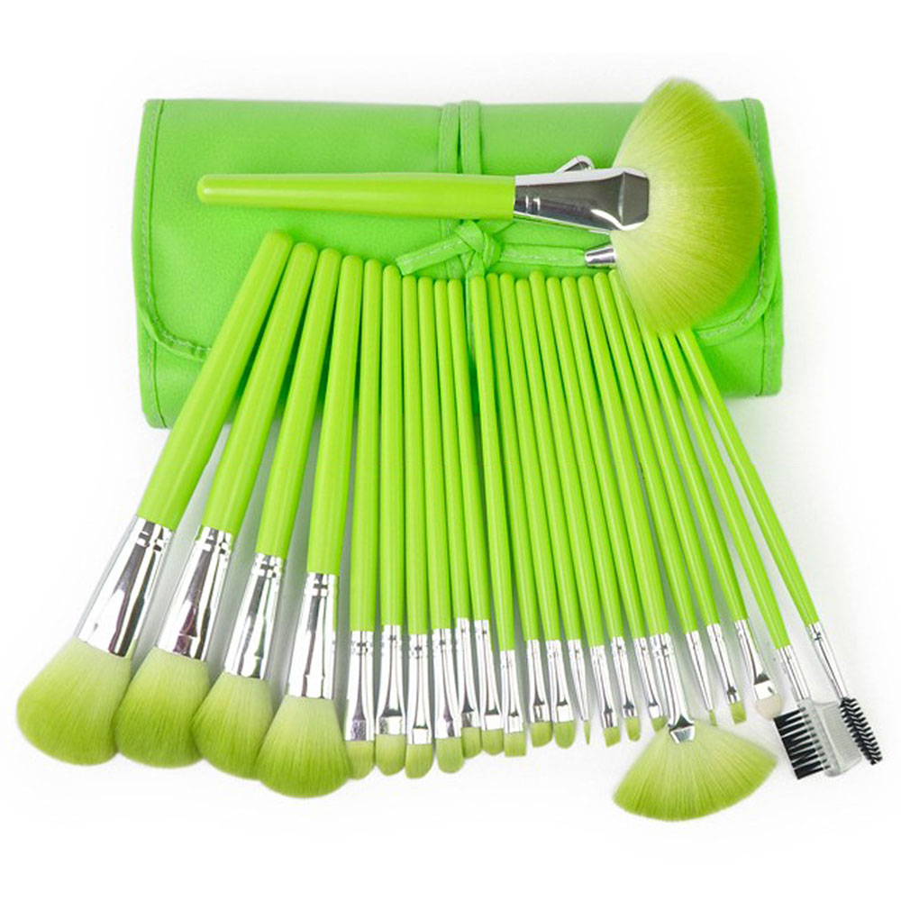 High Quality 24 Pcs/set Makeup Brushes Cosmetic Set Kit Packed In Leather Case - Green