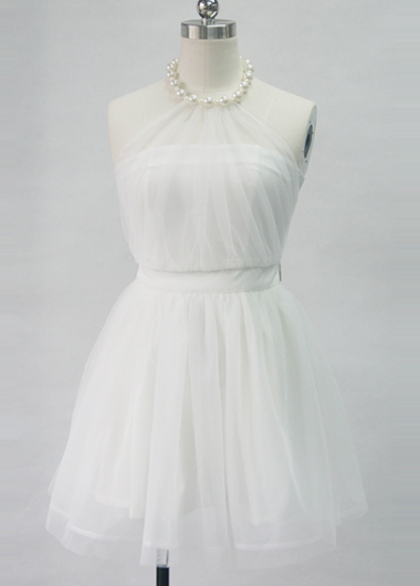 Fashion White Faux Pearl Strap Design Halter Dress - White