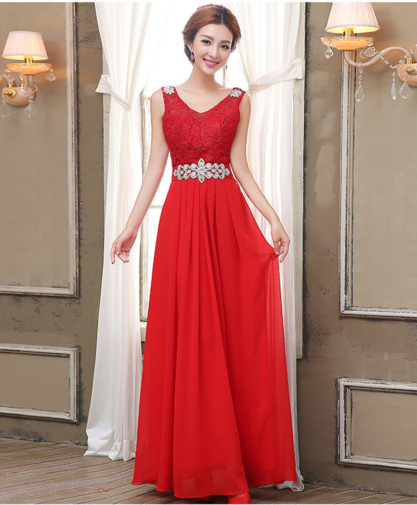 Nice Diamond Sleeveless Evening Party Long Dress - Red