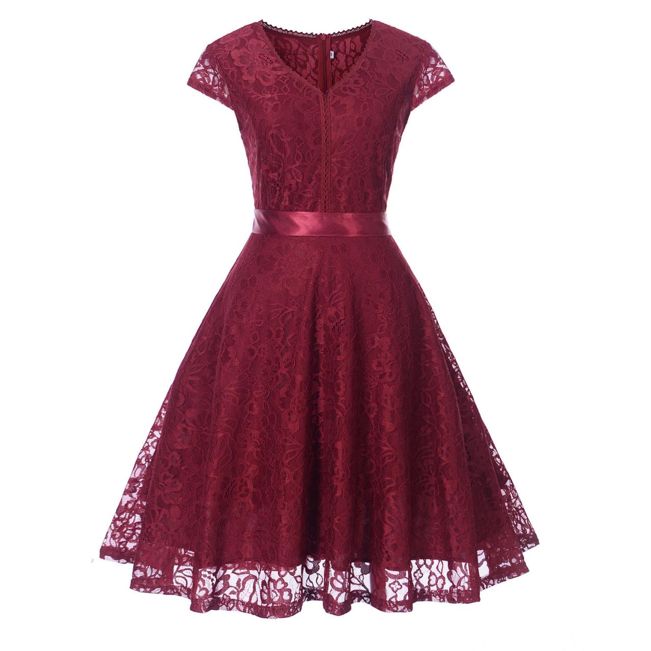 Elegant V Neck Short Sleeve Lace Dress With Belt - Wine Red