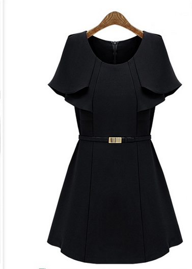 High Quality O Neck Cap Sleeves Knitting Waist Skirt Mini Dress With Belt - Black