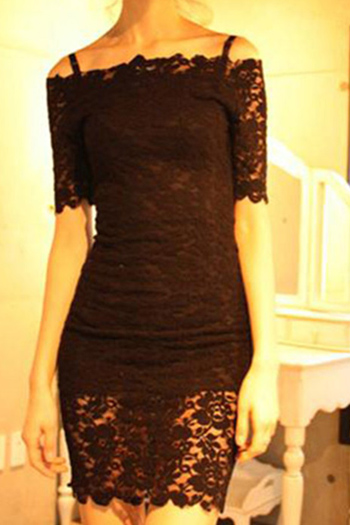Sexy Cap Sleeve Half Sleeve Sheath Lace Mini Dress - Black