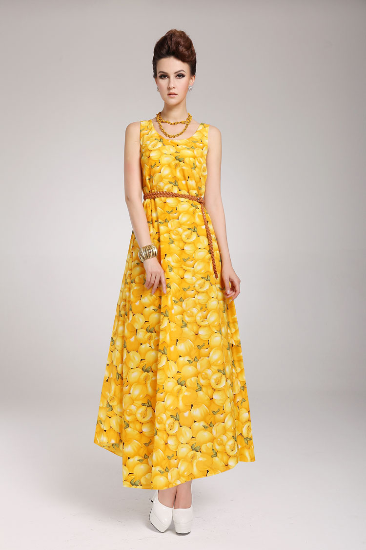 Princess Style V Neck High Waist Yellow Printed Chiffon Dress